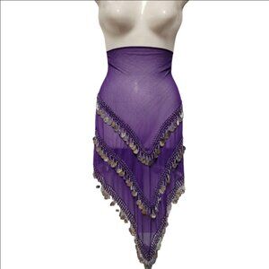Dark Purple Hip Scarf 3 Rows Silver Coins Sheer Wrap Skirt